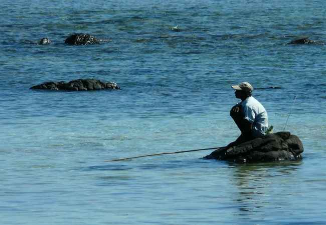 fisherman fishing from a rock in the lagoon
