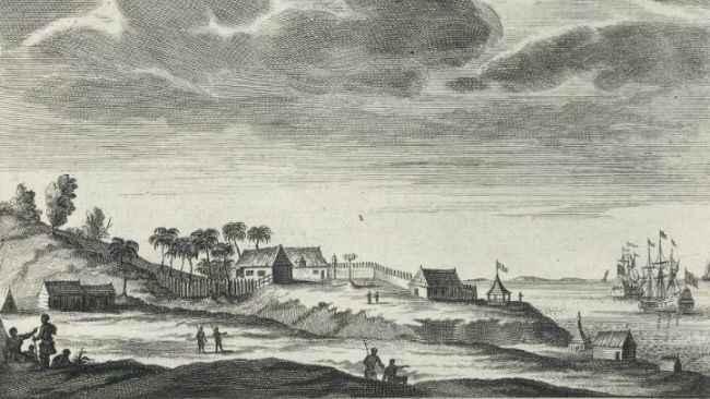 First Dutch settlement in Mauritius - Engraving Engraving of first Dutch settlement in Mauritius
